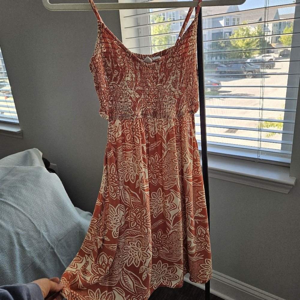 Roxy Rust and Cream Floral Smocked Mini Dress
